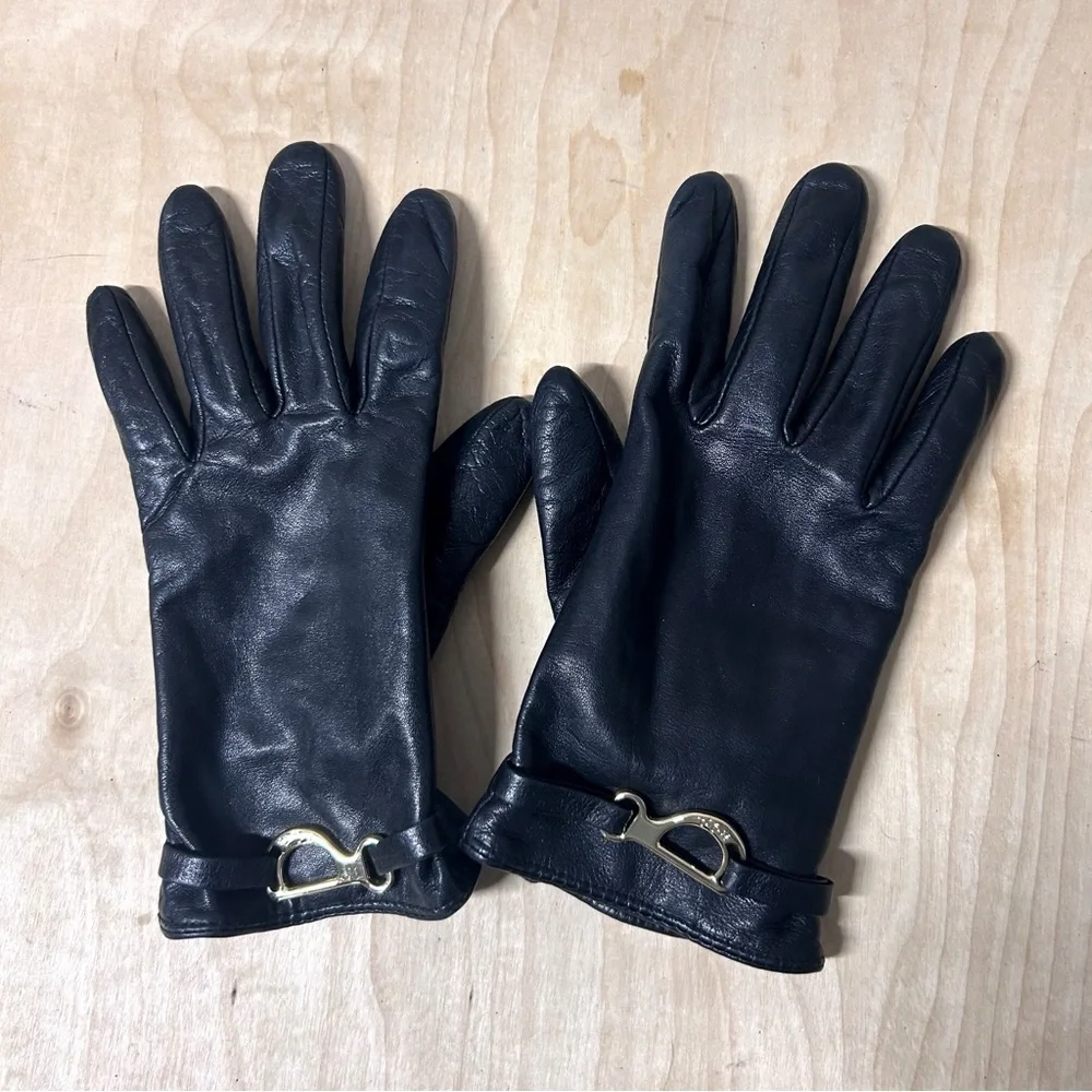 Lauren Ralph Lauren Bridle-Belt Black Leather Gloves with Gold Accents EUC Sz M